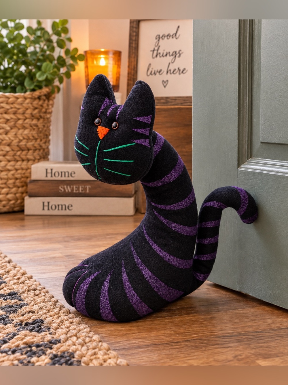 Handmade Black Purple Striped Cat Doorstop Weighted Plush Halloween Decor